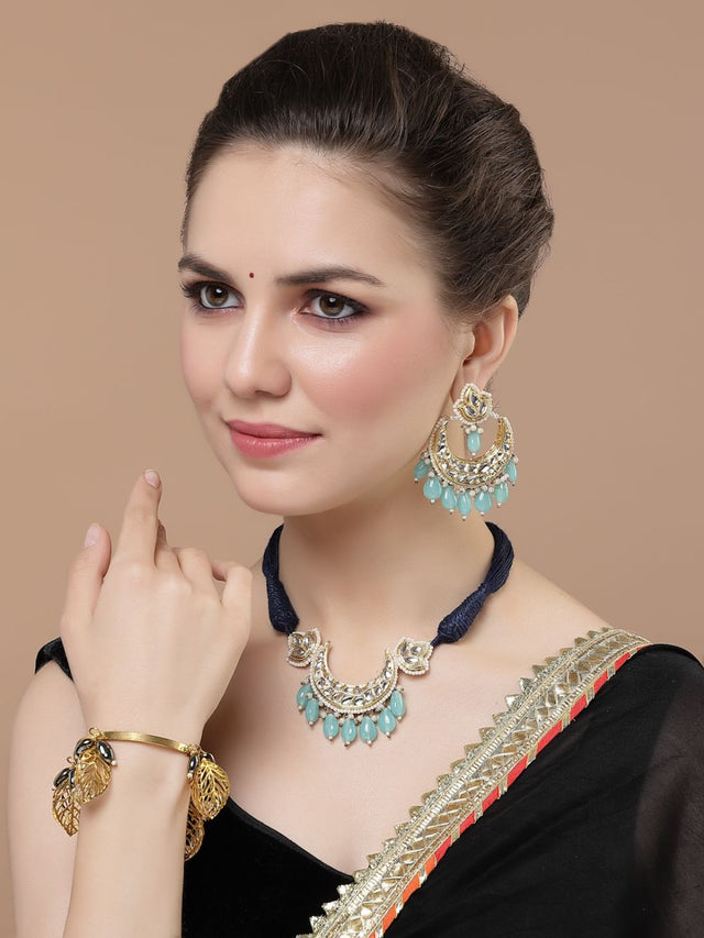 Blue And Gold Necklace With Earring Jeweler Set With Kundan And Pearls