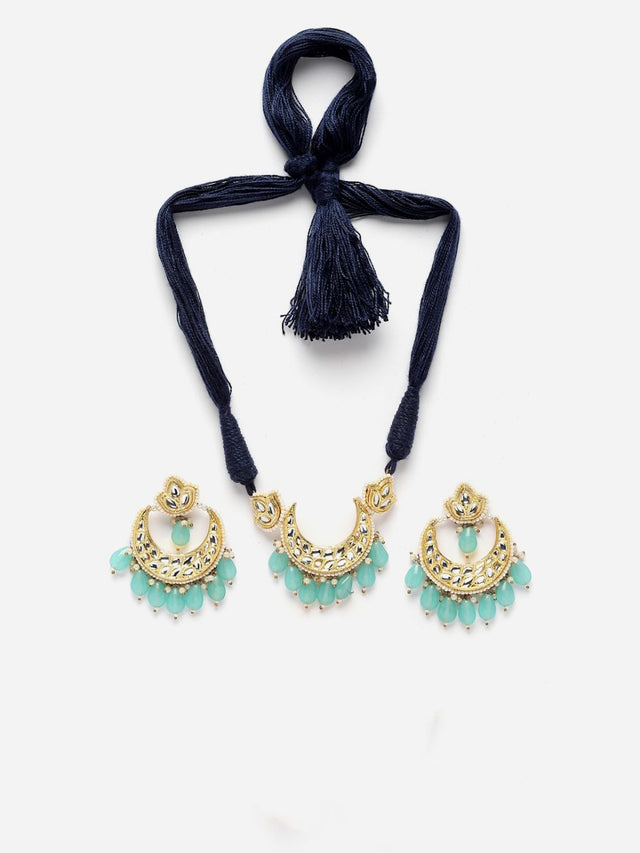 Blue And Gold Necklace With Earring Jeweler Set With Kundan And Pearls