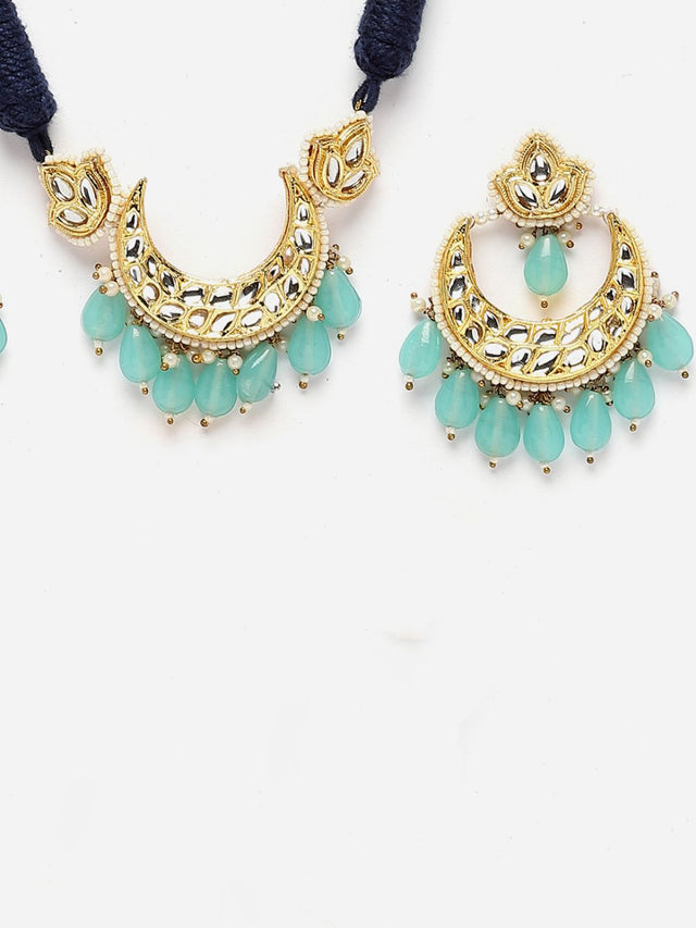 Blue And Gold Necklace With Earring Jeweler Set With Kundan And Pearls