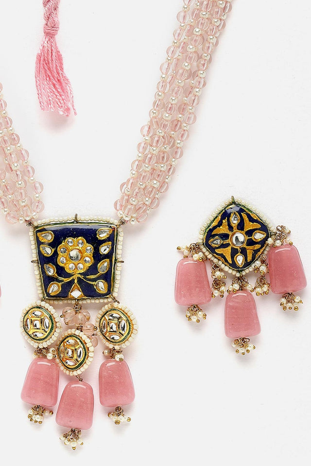 Pink And Blue Necklace With Earring Jeweler Set Kundan And Pearls