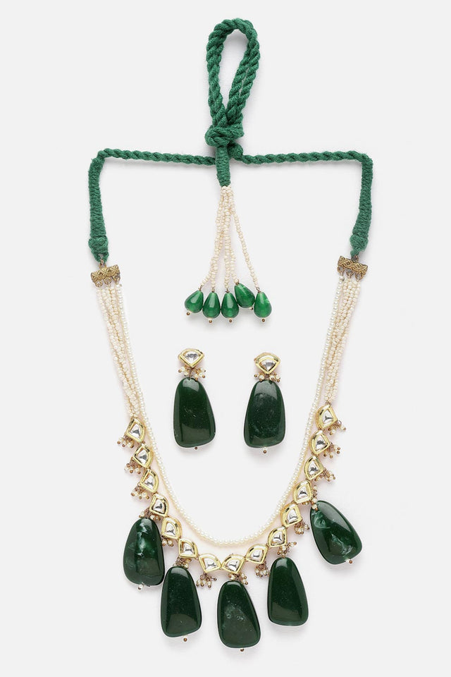 Green And Gold Necklace With Earring Jeweler Set Kundan And Pearls
