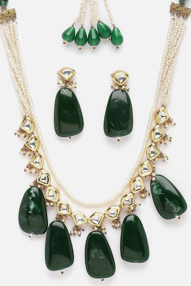 Green And Gold Necklace With Earring Jeweler Set Kundan And Pearls