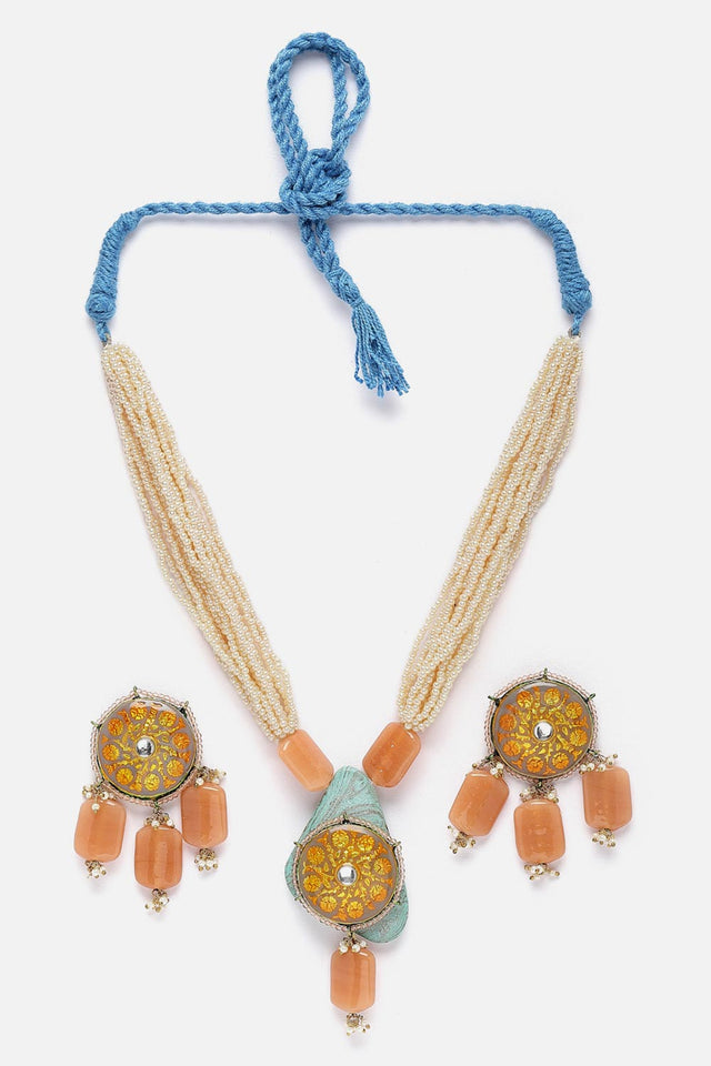 Orange And Grey Necklace With Earring Jeweler Set Kundan And Pearls