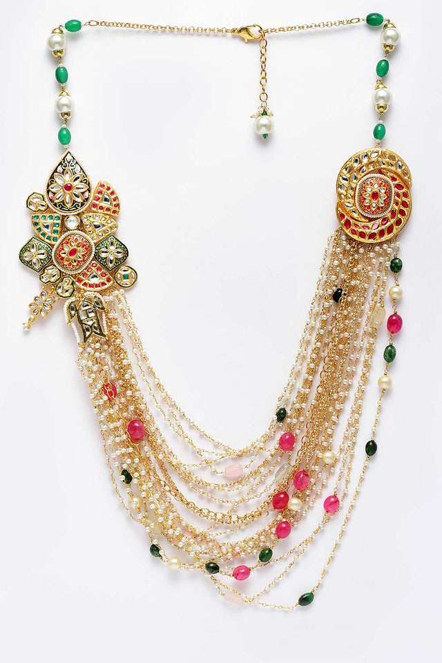 Multicolor And White Gold-Plated Kundan And Pearls Necklace