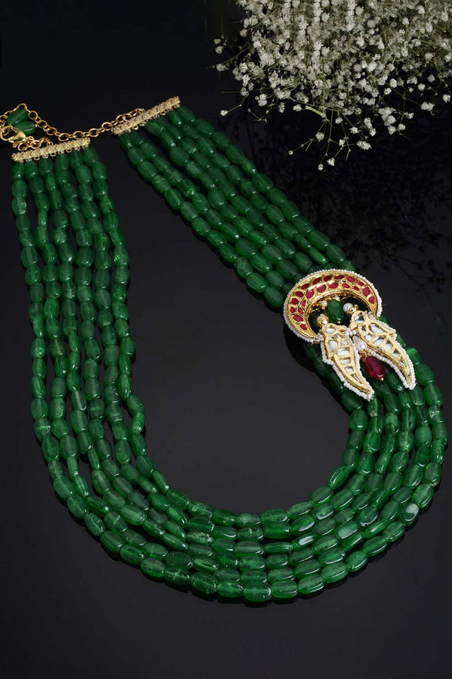 Green And Red Gold-Plated Kundan And Pearls Necklace