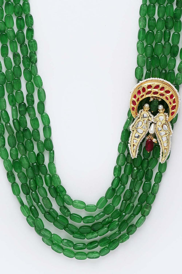 Green And Red Gold-Plated Kundan And Pearls Necklace