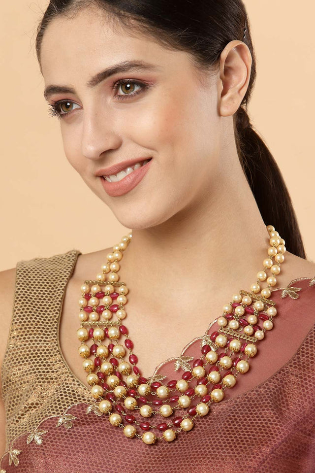 Red And Cream Gold-Plated Pearls And Ruby Necklace