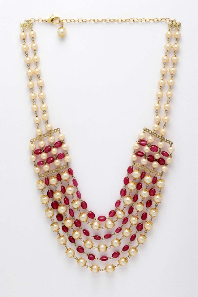 Red And Cream Gold-Plated Pearls And Ruby Necklace