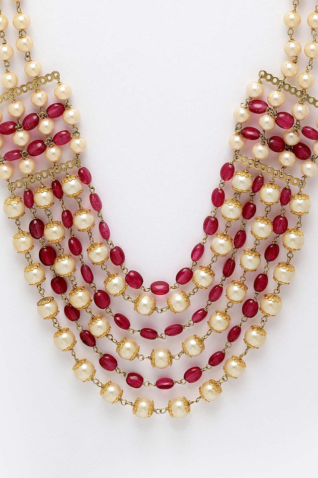 Red And Cream Gold-Plated Pearls And Ruby Necklace