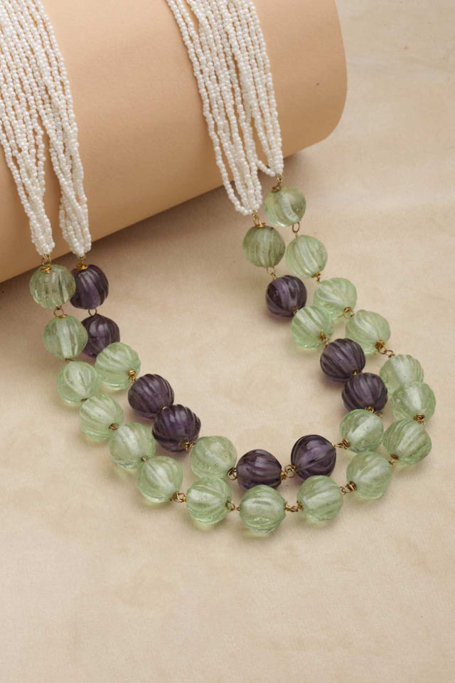 Purple And Green Gold-Plated Pearls And Natural Stones Bead Necklaces