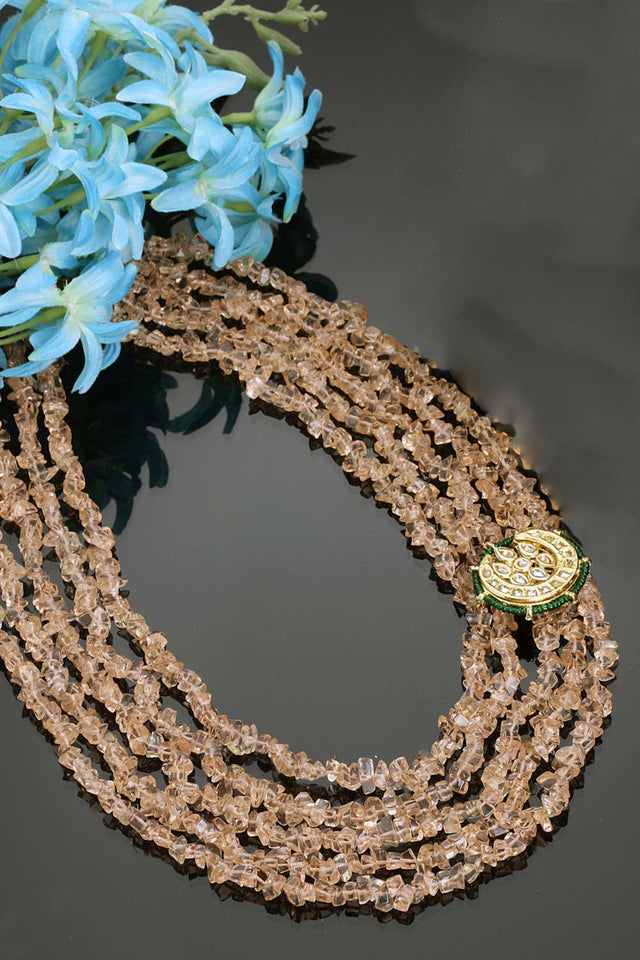 Peach And Green Gold-Plated Kundan And Pearls Bead Necklaces