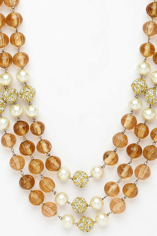 Brown And White Gold-Plated American Diamonds And Pearls Bead Necklaces