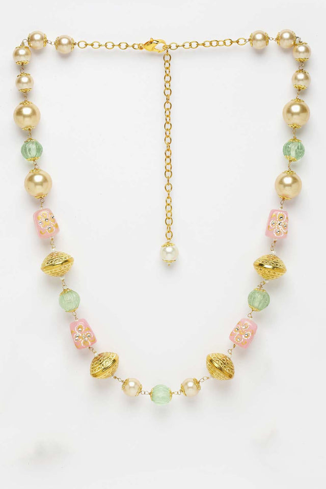 Green And Pink Gold-Plated American Diamonds And Pearls Bead Necklaces
