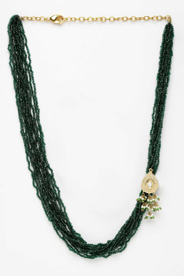 Green And Peach Gold-Plated Kundan And Pearls Bead Necklaces
