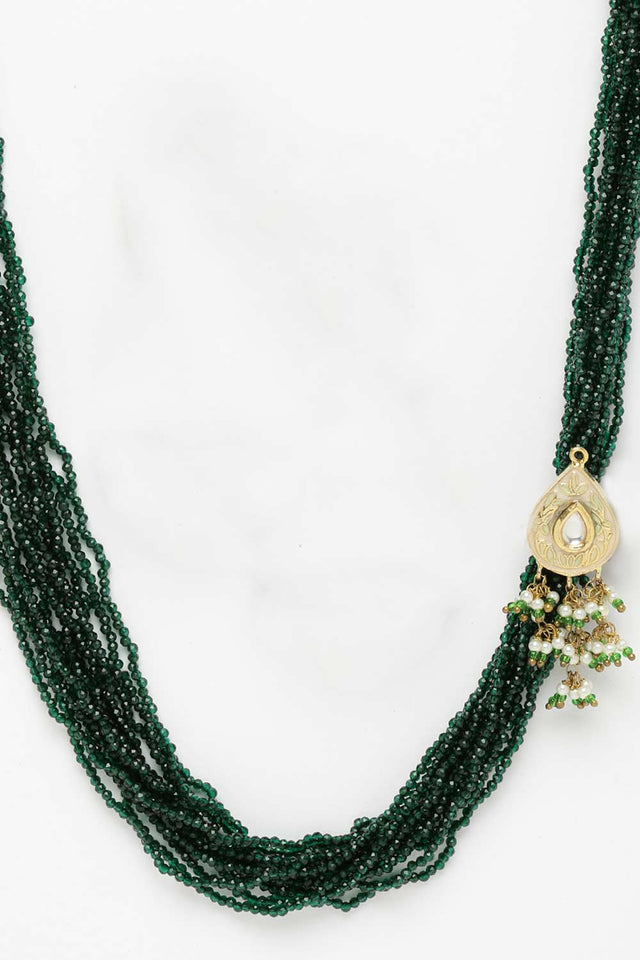 Green And Peach Gold-Plated Kundan And Pearls Bead Necklaces