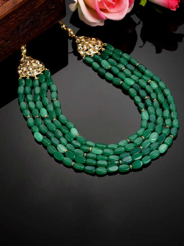 Green And Cream Gold-Plated Kundan And American Diamonds Layered Necklace