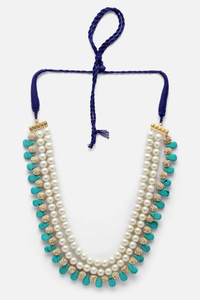 Blue And White American Diamonds And Pearls Layered Necklace