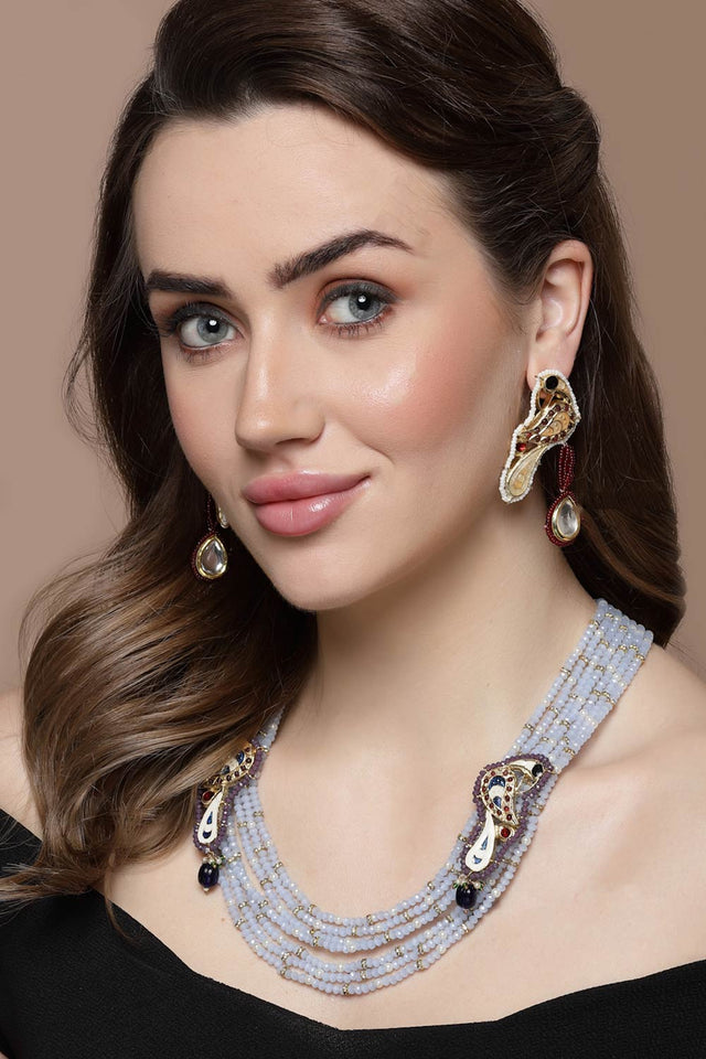 Blue And Maroon Layered Necklace With Kundan And Pearls