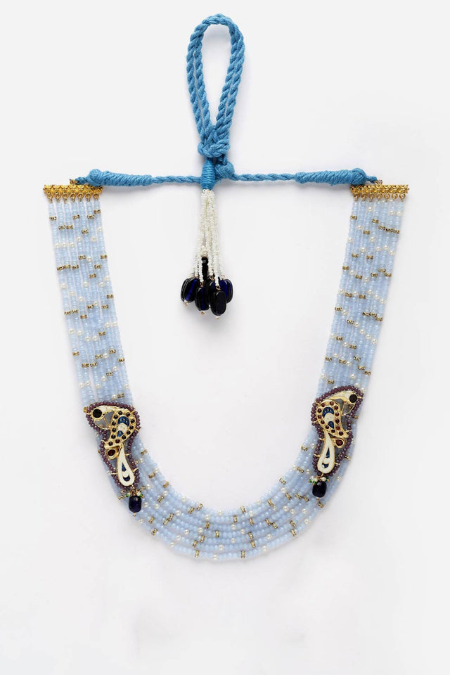 Blue And Maroon Layered Necklace With Kundan And Pearls