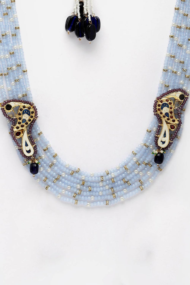 Blue And Maroon Layered Necklace With Kundan And Pearls