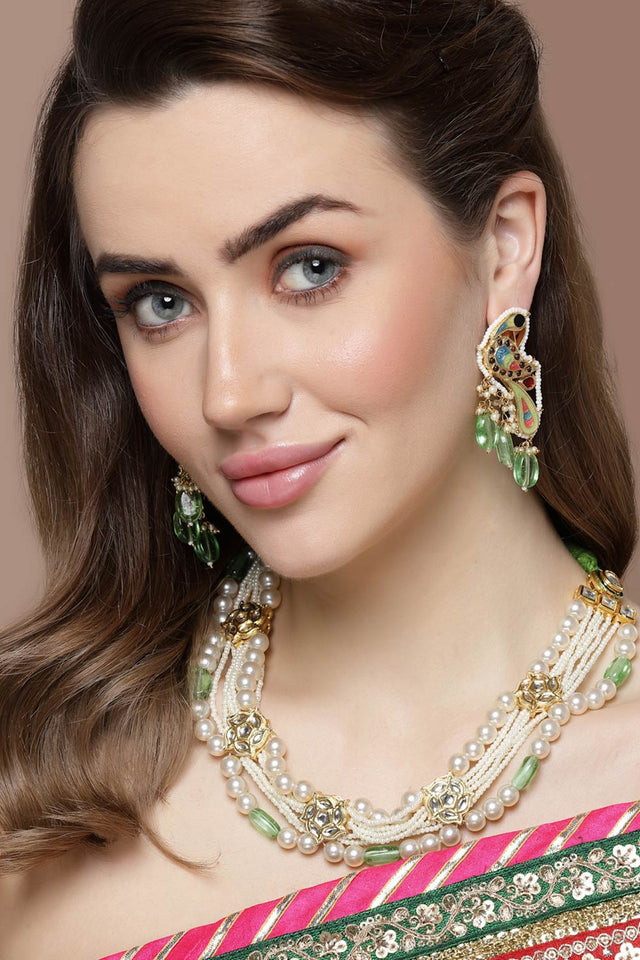 Green And Cream Layered Necklace With Kundan And Pearls
