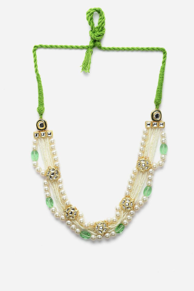 Green And Cream Layered Necklace With Kundan And Pearls