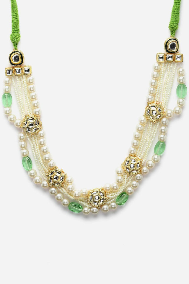 Green And Cream Layered Necklace With Kundan And Pearls