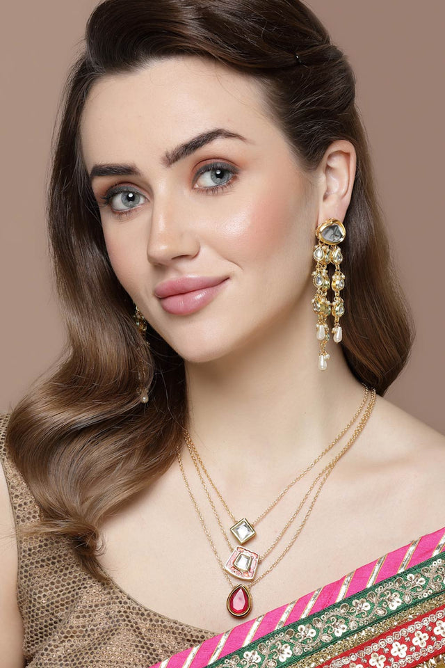 Red And Gold Layered Necklace With Kundan And Natural Stones