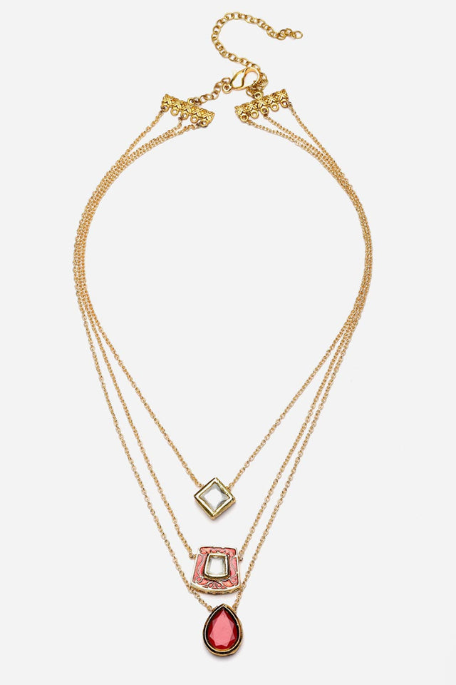 Red And Gold Layered Necklace With Kundan And Natural Stones