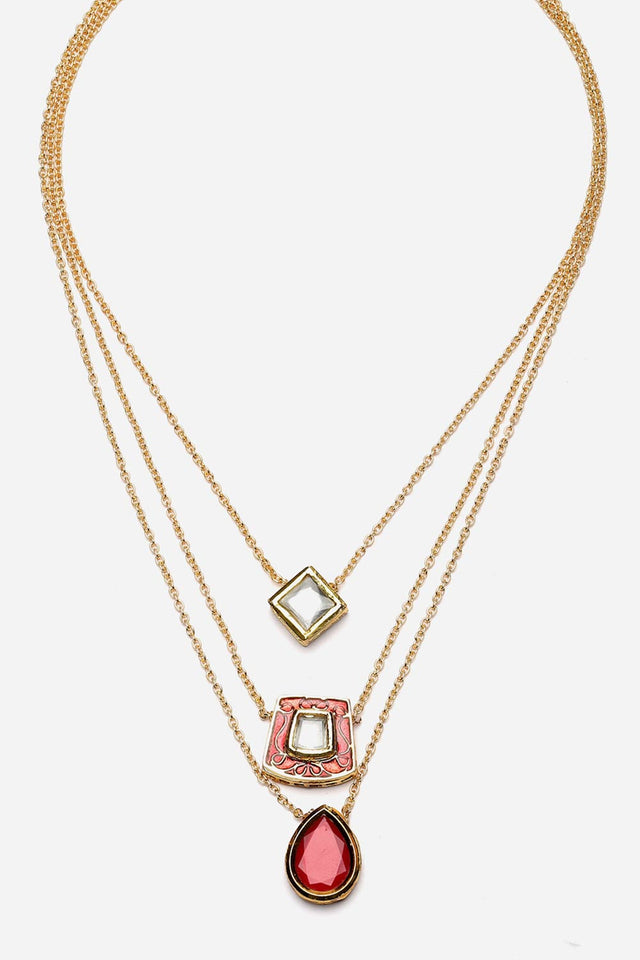 Red And Gold Layered Necklace With Kundan And Natural Stones