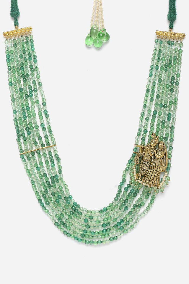 Green And Gold Layered Necklace With Kundan And Pearls