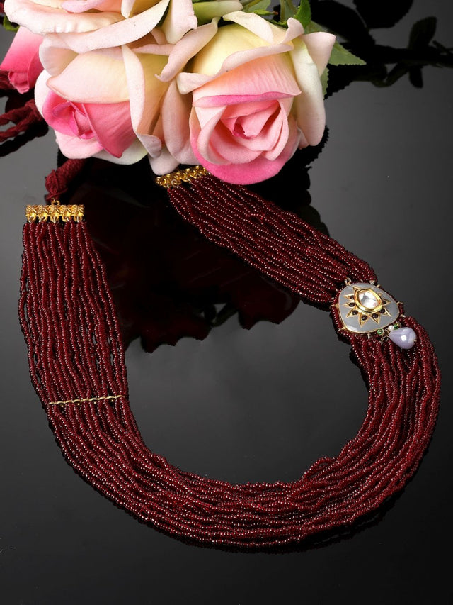 Red And Gray Layered Necklace With Kundan And Pearls
