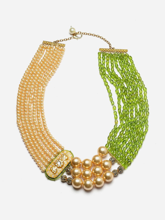 Green And Peach Layered Necklace With Kundan And American Diamonds