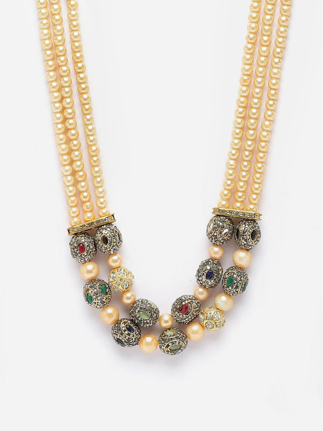 Green And Pink Layered Necklace With Kundan And American Diamonds