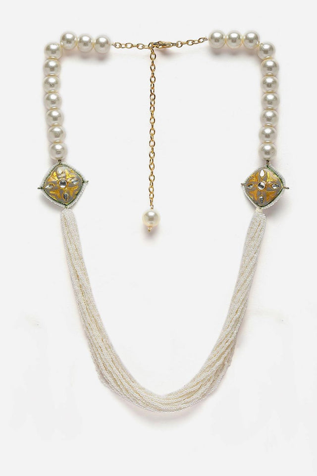 Grey And Cream Layered Necklace With Kundan And Pearls