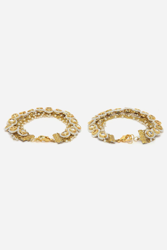 Gold And White Adjustable Anklet With Kundan And Pearls