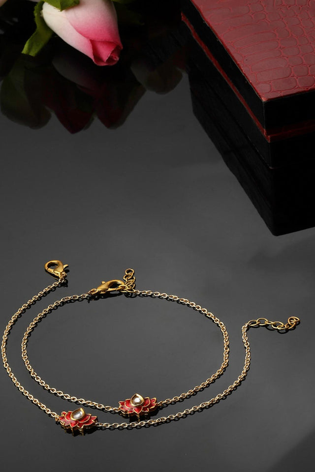 Red And Gold Adjustable Anklet With Kundan And Pearls