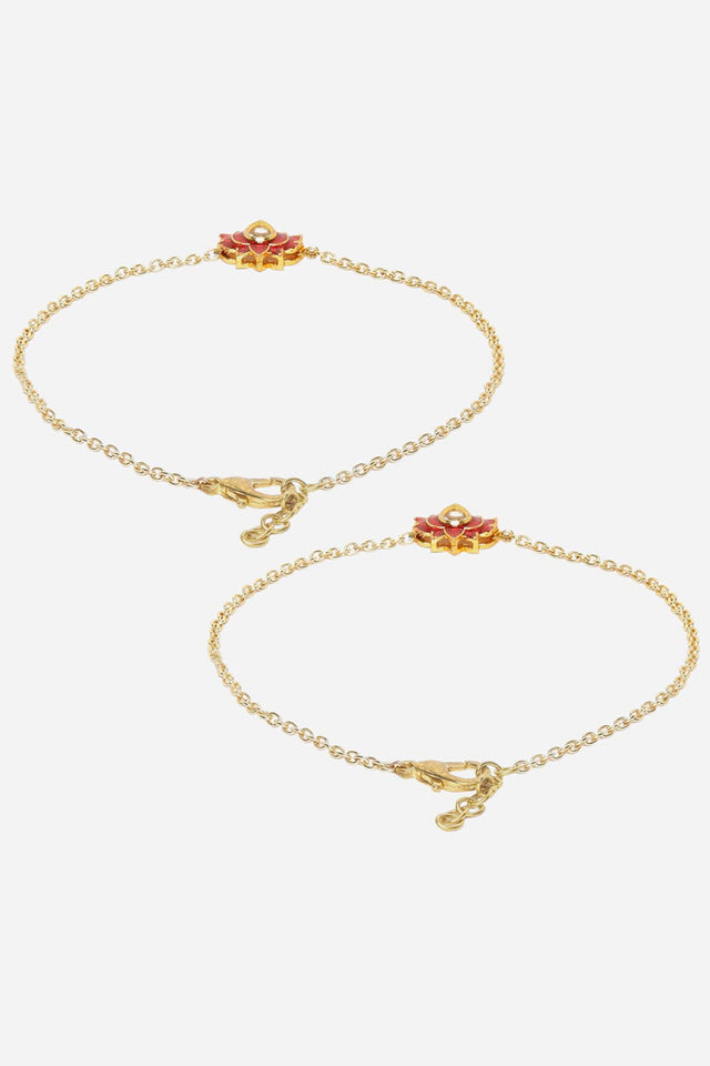 Red And Gold Adjustable Anklet With Kundan And Pearls