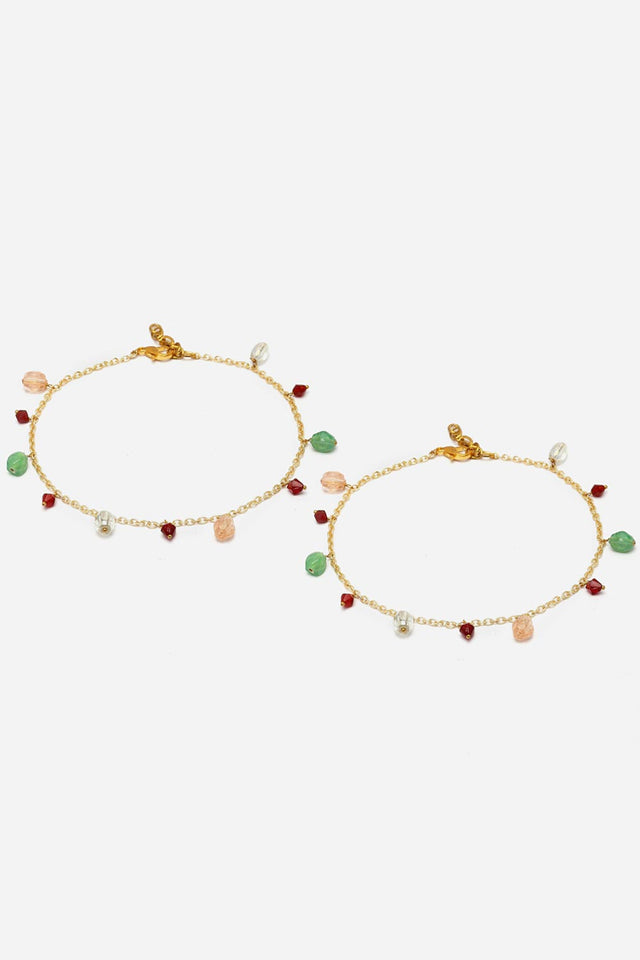 Green And Peach Adjustable Anklet With Kundan And Pearls