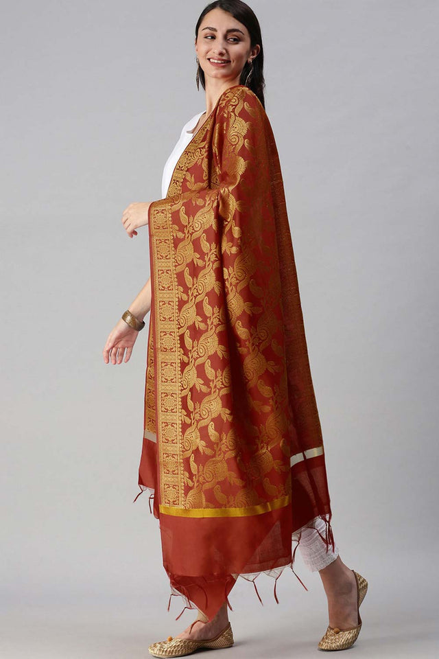 Buy Art Silk Zari Woven Dupatta in Red Online - Back