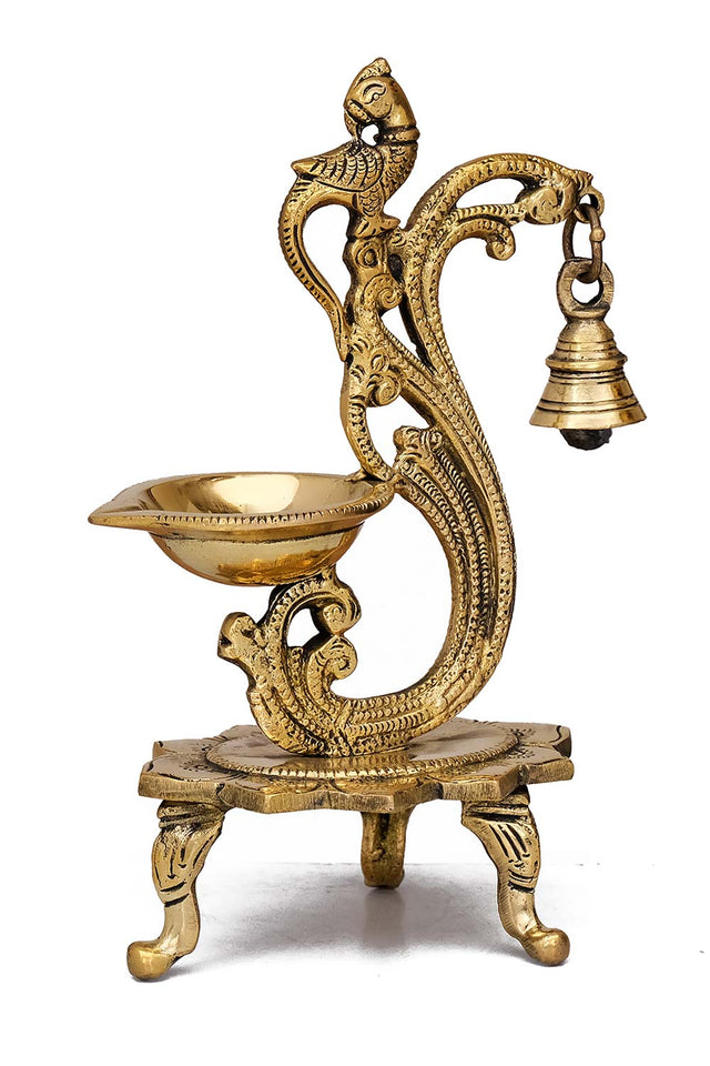 Brass Parrot Showpiece Diya With Bells And Stand