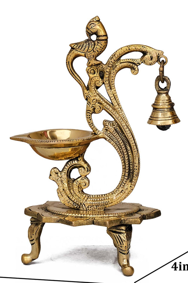 Brass Parrot Showpiece Diya With Bells And Stand