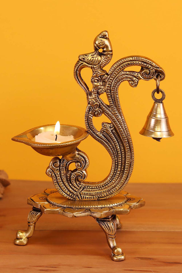 Brass Parrot Showpiece Diya With Bells And Stand