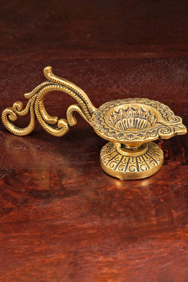 Ethnic Carved Brass Diya With 4 Wicks For Pooja Room And Temple