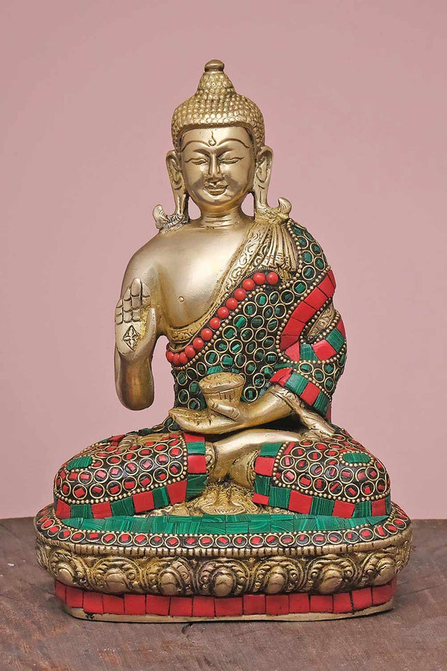 Brass Blessing Buddha Statue With Stonework