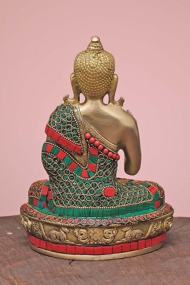 Brass Blessing Buddha Statue With Stonework