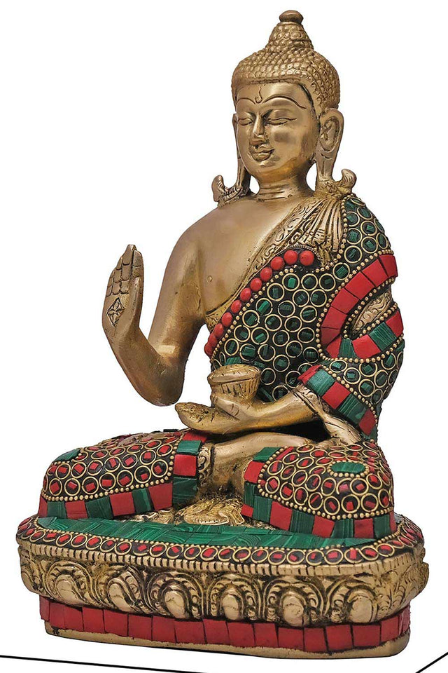 Brass Blessing Buddha Statue With Stonework