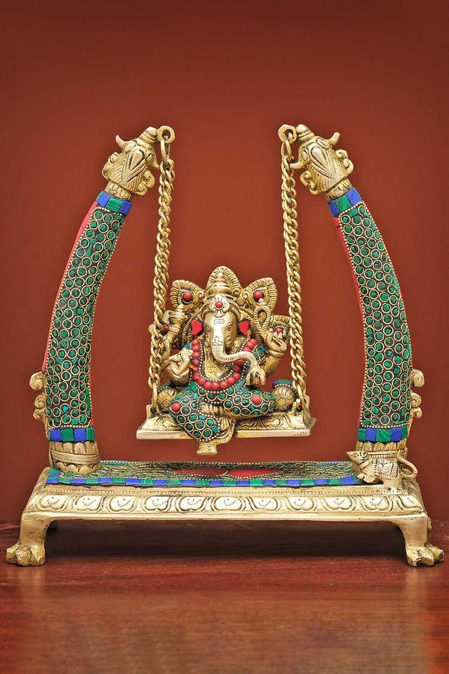Lord Ganesha Idol On Swing Home Decor Ganesha Statue In Brass With Stonework