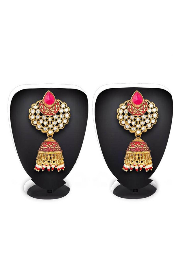 Women's Alloy Jhumka Earrings In Gold And Red