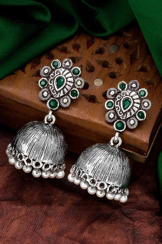 Buy Women's Oxidized Jhumka Earrings in Silver and Green